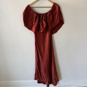 Zara | Rust Linen Blend Off the Shoulder Romantic Maxi Summer Dress | Size Small